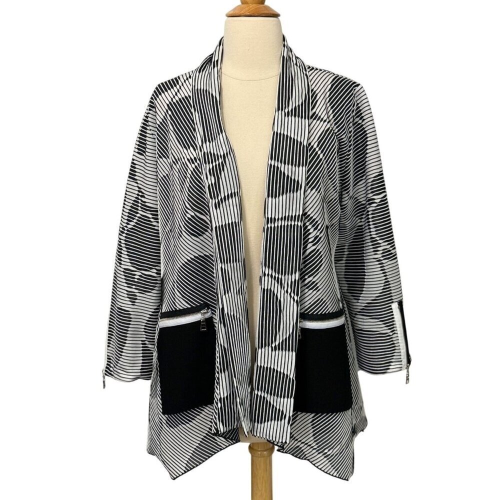 IC by Connie K Open Front Jacket Topper Black White Ribbed Pockets Artsy Size M
